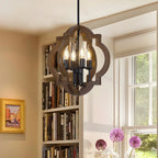 Lustre candélabre industriel réglable en bois brun avec cage
