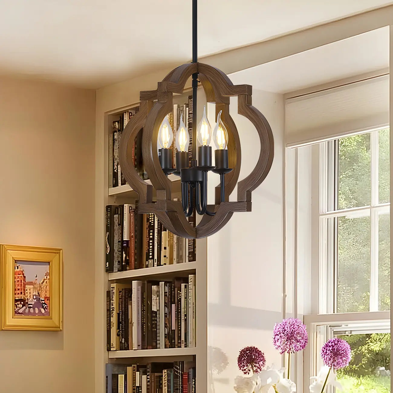 Lustre candélabre industriel réglable en bois brun avec cage