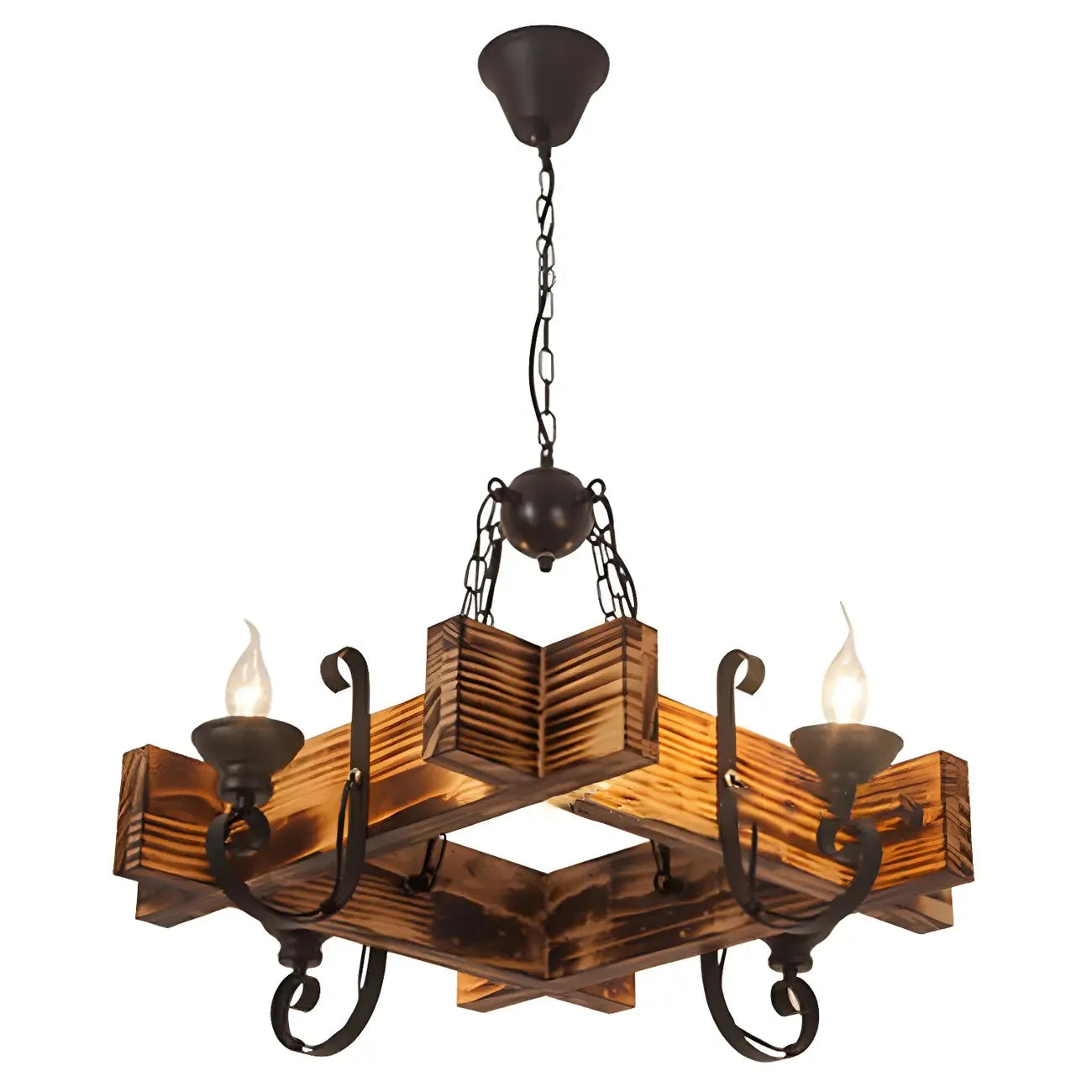Suspension industrielle vintage en fer et bois, style géométrique, pour espaces commerciaux.