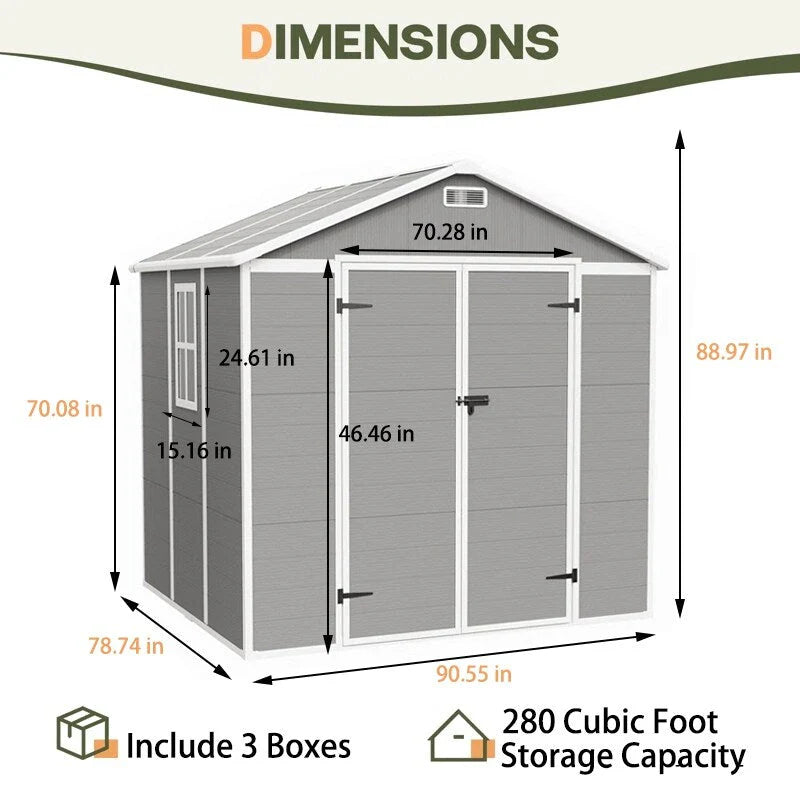 Abri de jardin en résine plastique tout temps avec plancher, dimensions : 1,83 m x 1,22 m / 1,83 m x 2,44 m / 2,44 m x 1,83 m / 2,44 m x 3,05 m.