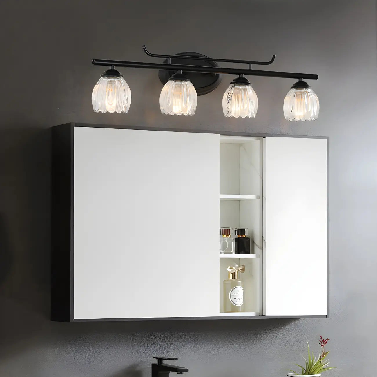 Applique murale moderne en métal noir et verre à motif floral pour salle de bain