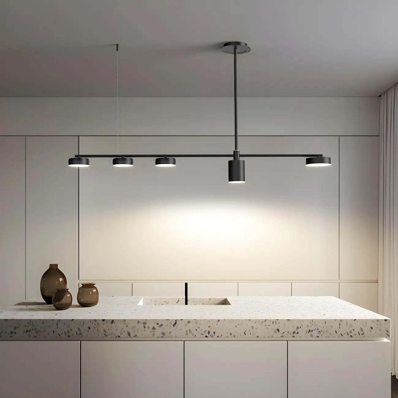 Luminaire linéaire noir moderne et réglable pour îlot de cuisine