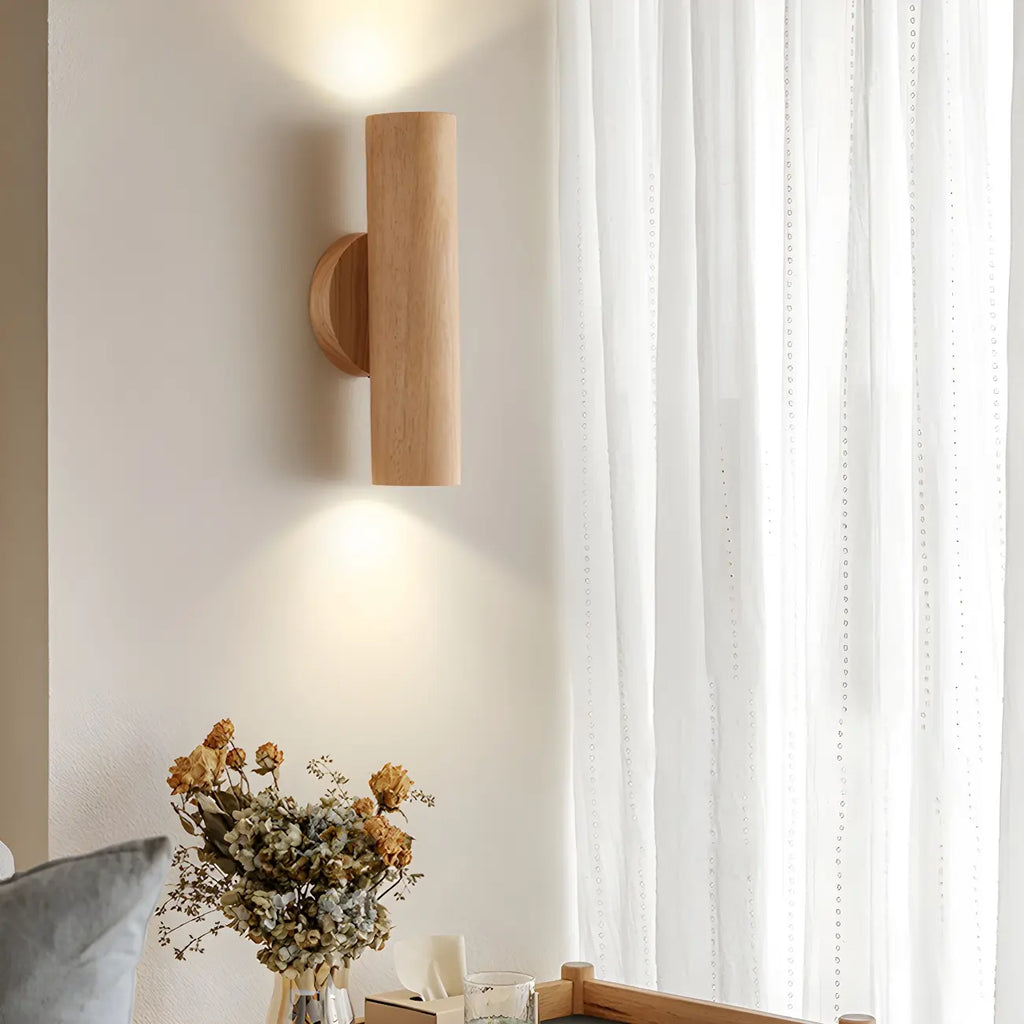 Applique murale cylindrique nordique en bois avec éclairage LED vers le haut et vers le bas