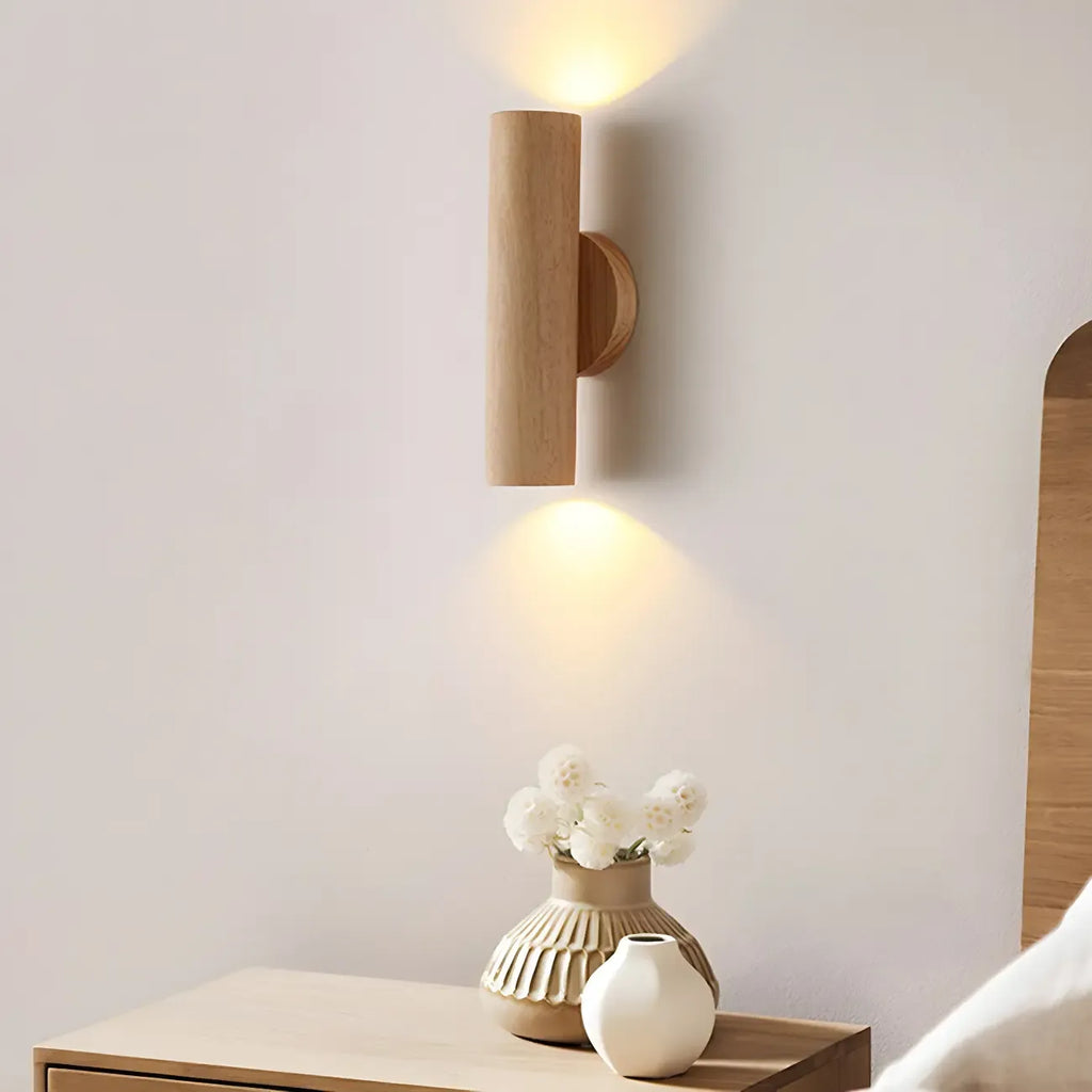 Applique murale cylindrique nordique en bois avec éclairage LED vers le haut et vers le bas
