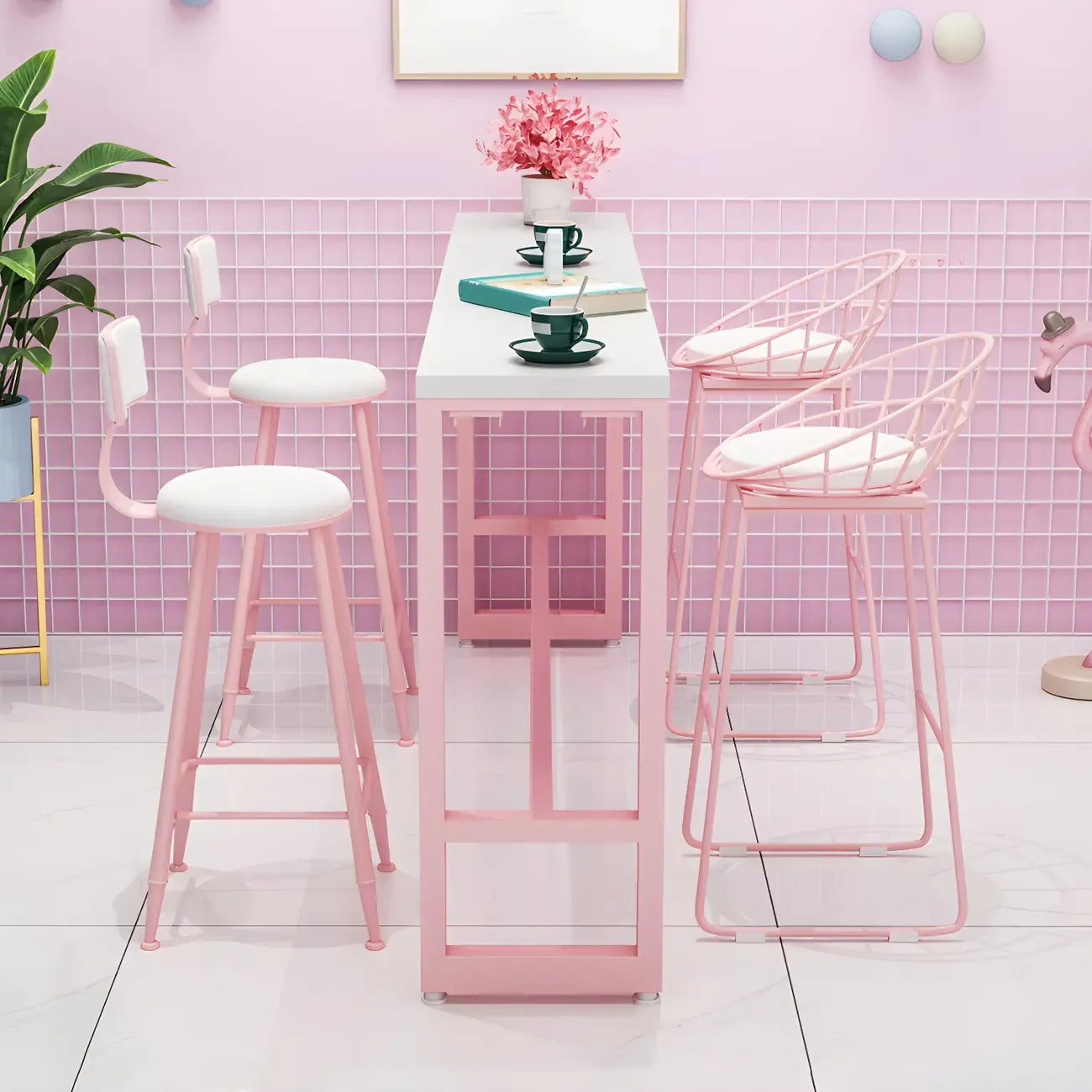 Table de bar longue rectangulaire en marbre rose glamour