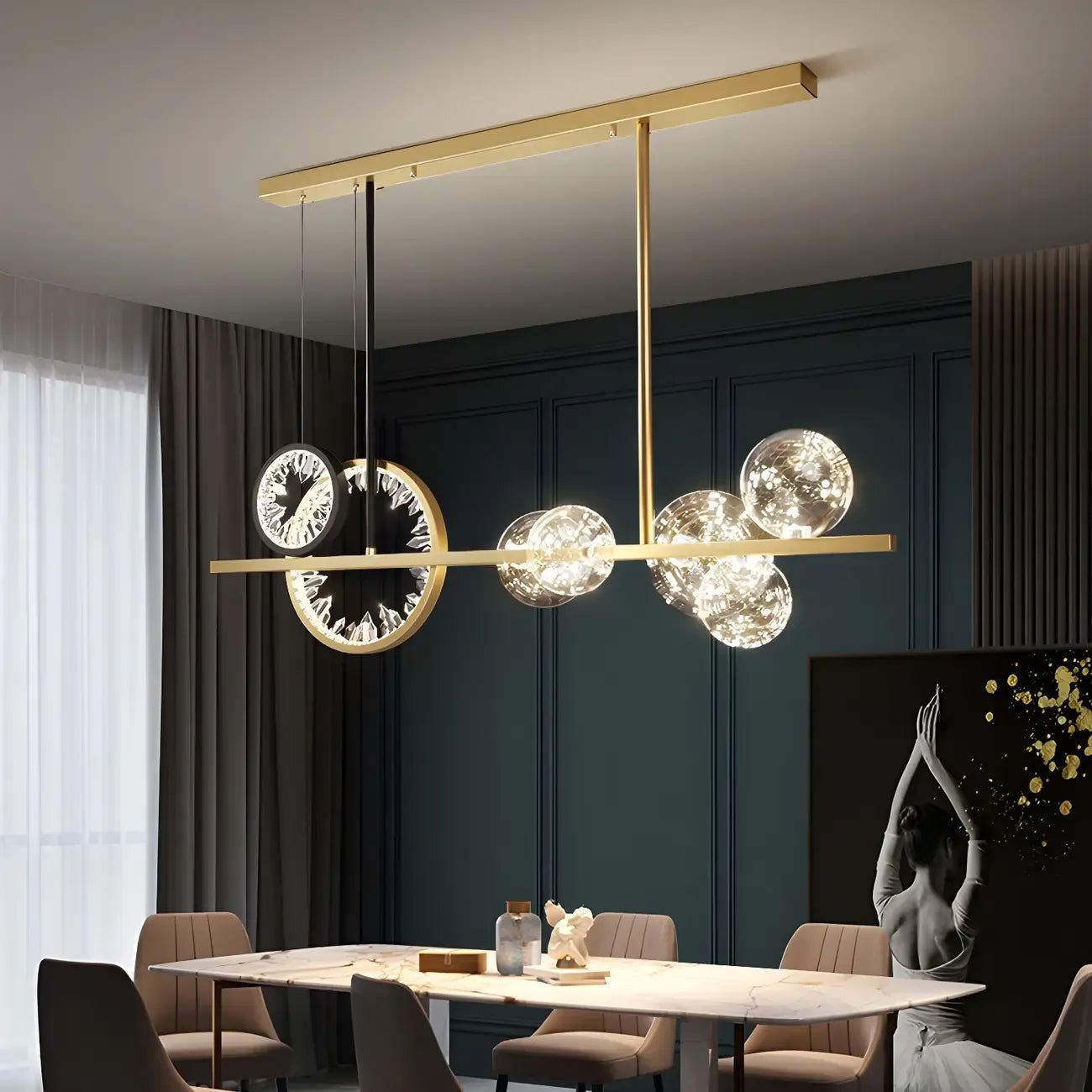 Suspension géométrique dorée en verre et cristal pour îlot