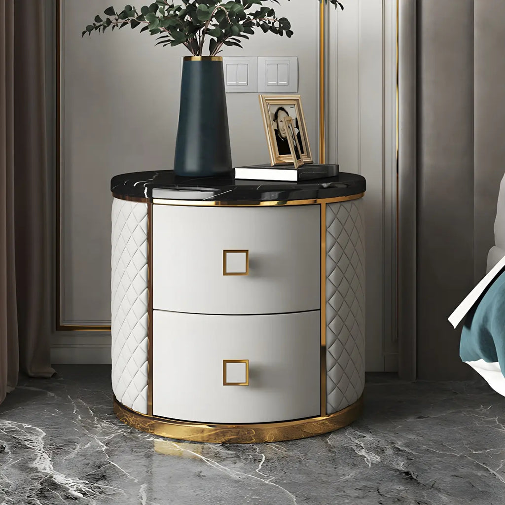 Table de chevet ronde glamour en cuir avec plateau en marbre et 2 tiroirs