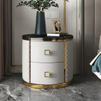 Table de chevet ronde glamour en cuir avec plateau en marbre et 2 tiroirs