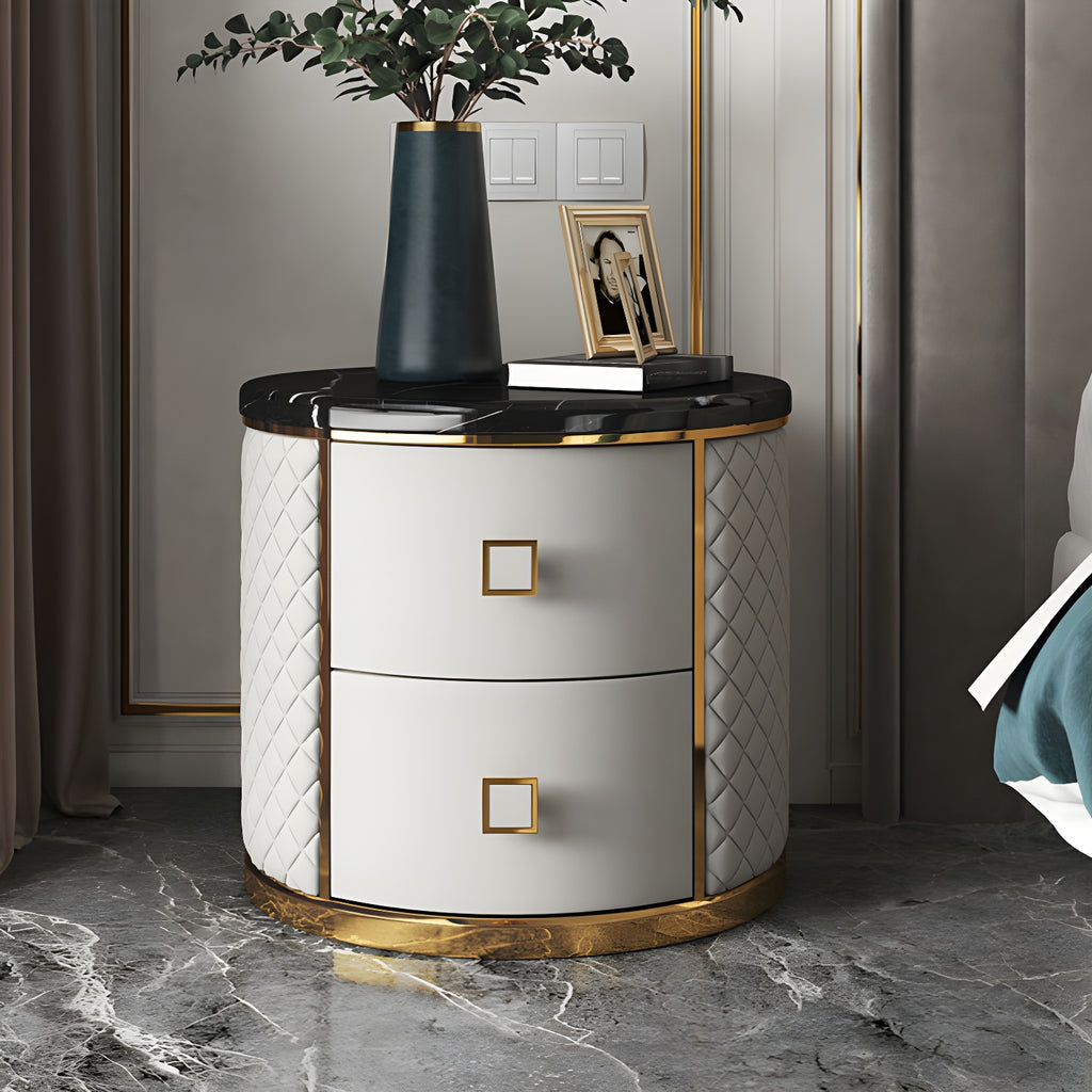 Table de chevet ronde glamour en cuir avec plateau en marbre et 2 tiroirs