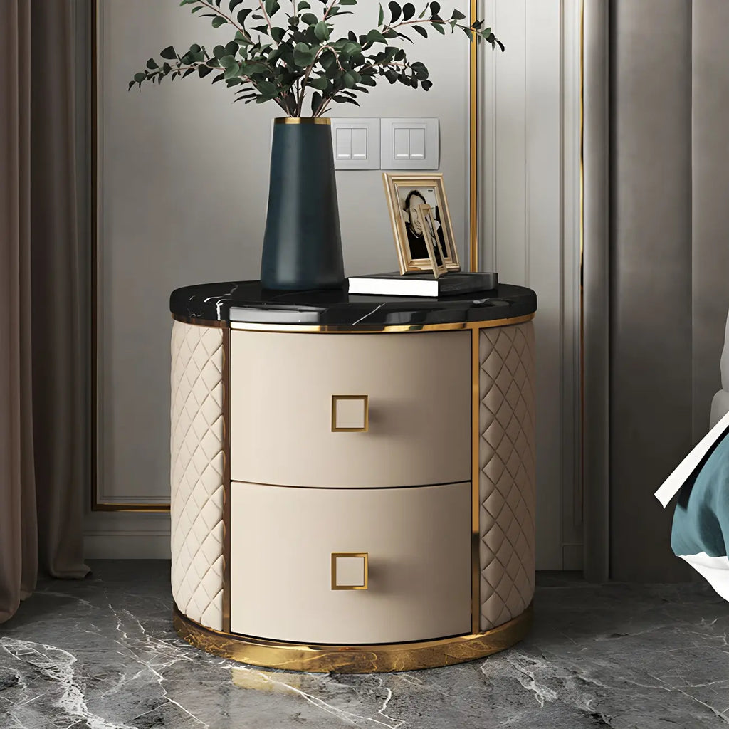 Table de chevet ronde glamour en cuir avec plateau en marbre et 2 tiroirs
