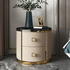 Table de chevet ronde glamour en cuir avec plateau en marbre et 2 tiroirs
