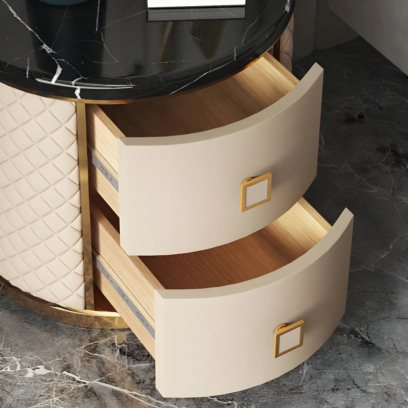 Table de chevet ronde glamour en cuir avec plateau en marbre et 2 tiroirs
