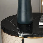 Table de chevet ronde glamour en cuir avec plateau en marbre et 2 tiroirs