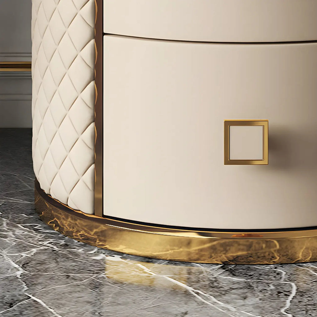 Table de chevet ronde glamour en cuir avec plateau en marbre et 2 tiroirs
