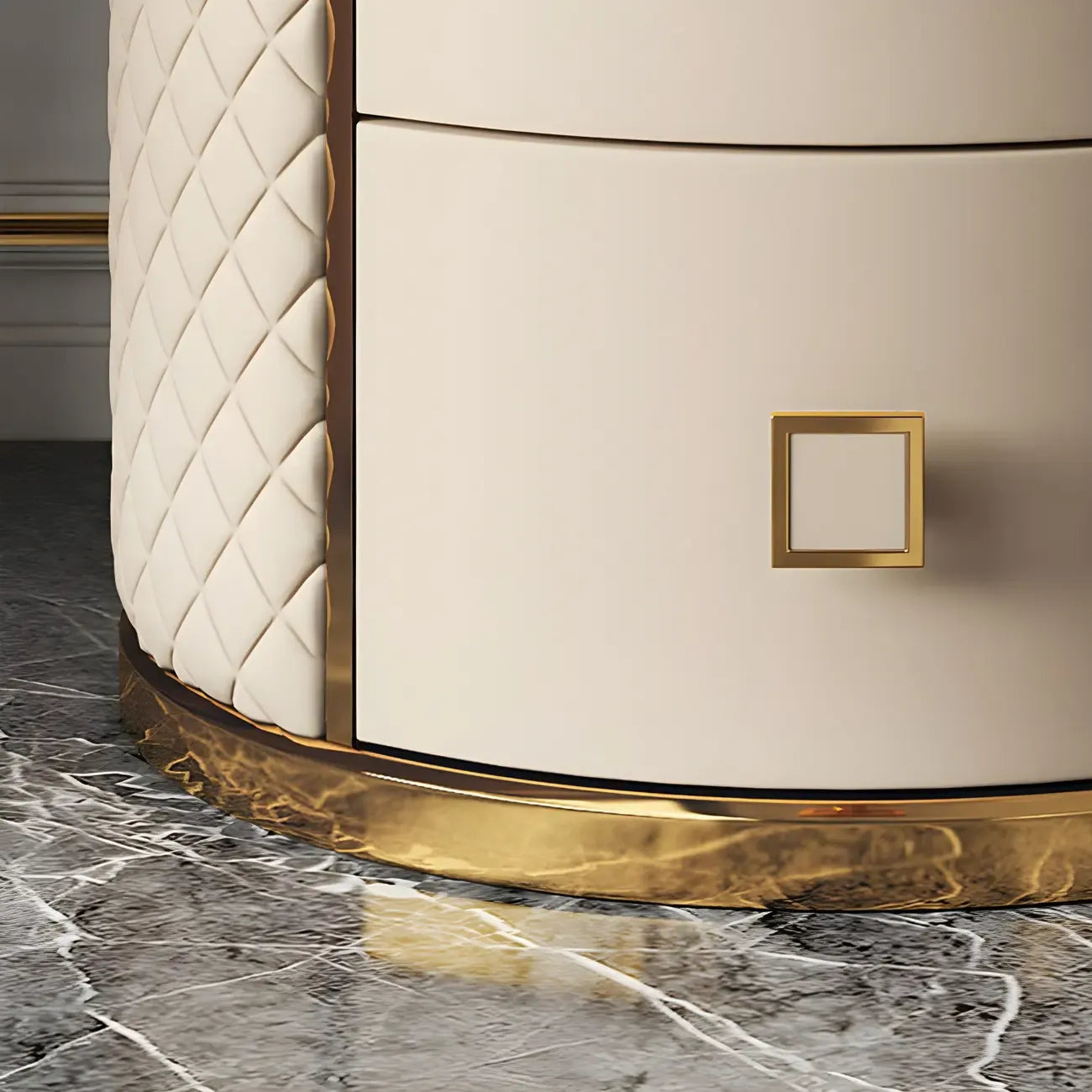 Table de chevet ronde glamour en cuir avec plateau en marbre et 2 tiroirs
