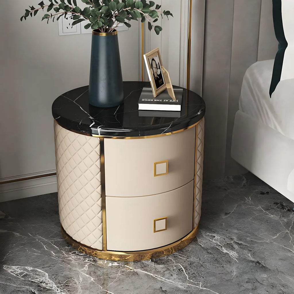 Table de chevet ronde glamour en cuir avec plateau en marbre et 2 tiroirs