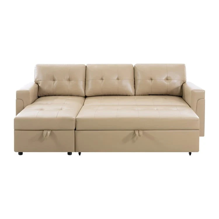 Canapé d'angle convertible et réversible avec lit gigogne, méridienne de rangement dissimulée et pieds robustes.