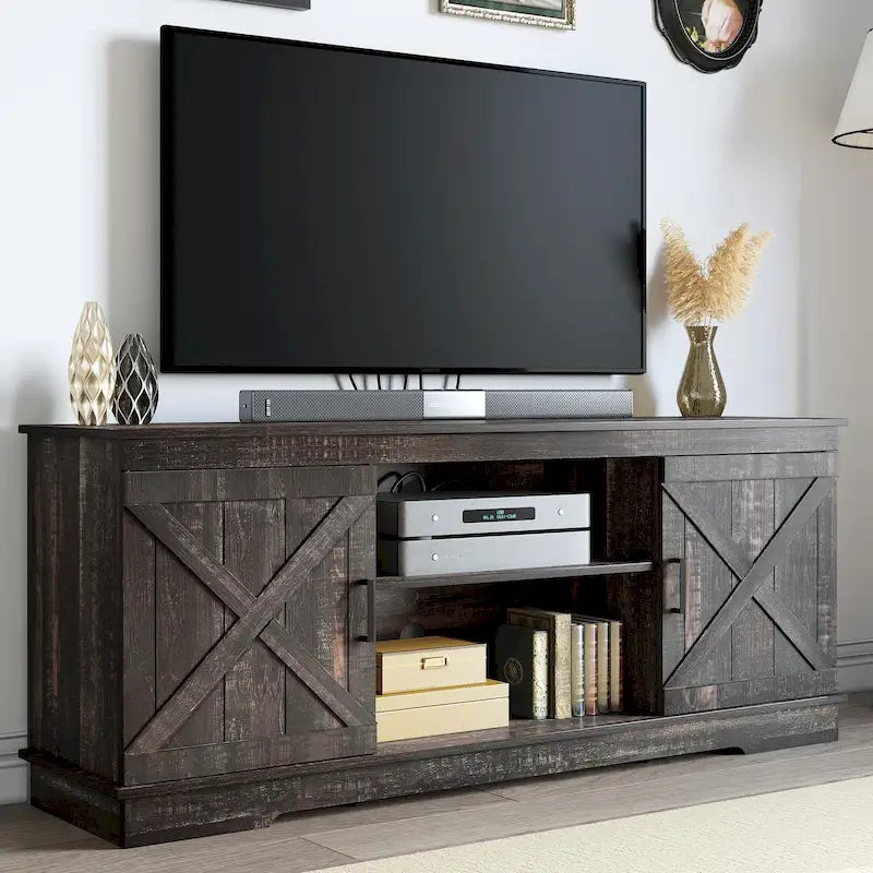 Meuble TV de ferme pour téléviseur de 65 pouces, meuble console média, portes de grange rustiques