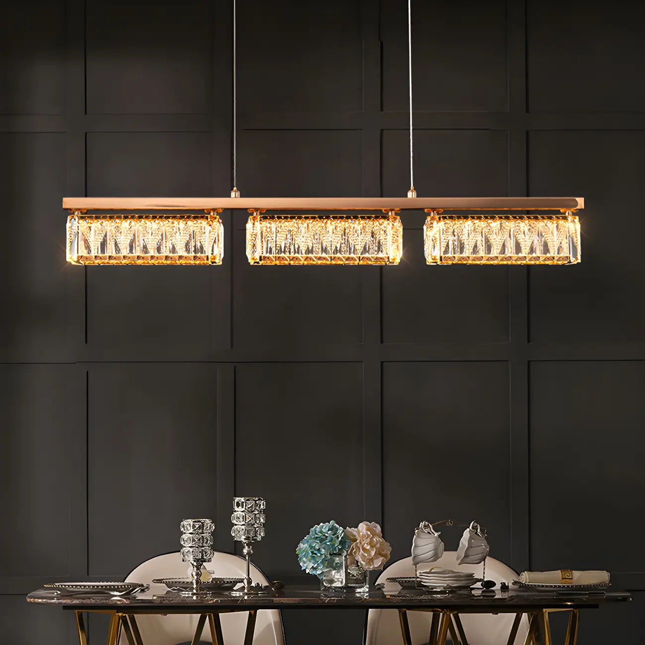 Suspension rectangulaire moderne en cristal doré pour cuisine
