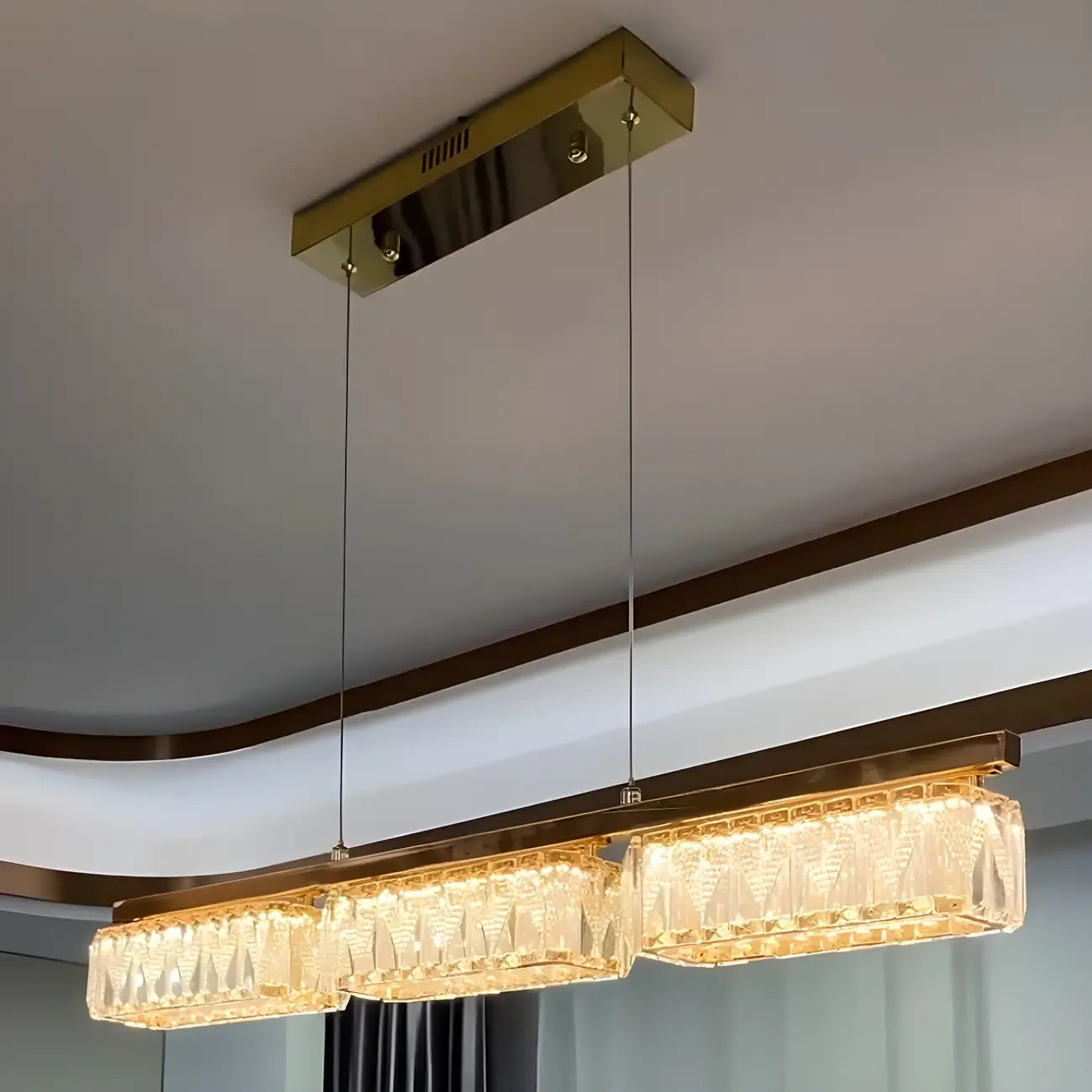 Suspension rectangulaire moderne en cristal doré pour cuisine