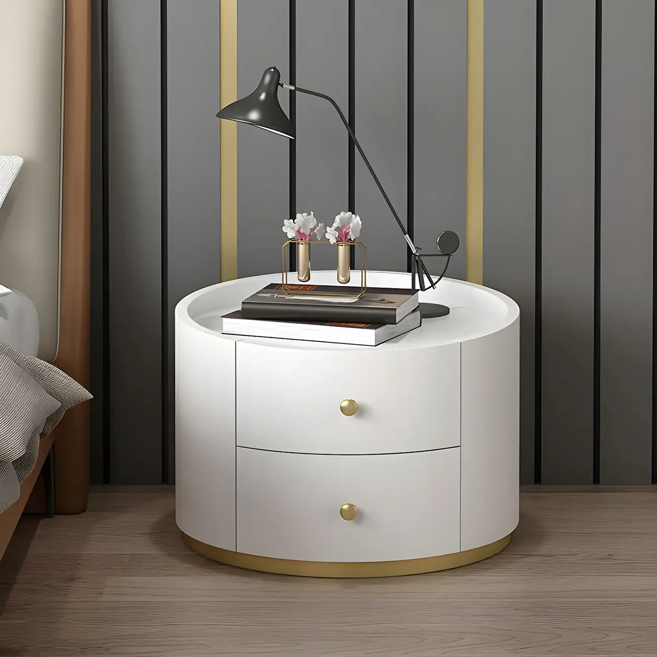 Table de chevet ronde Glam en bois manufacturé à 2 tiroirs