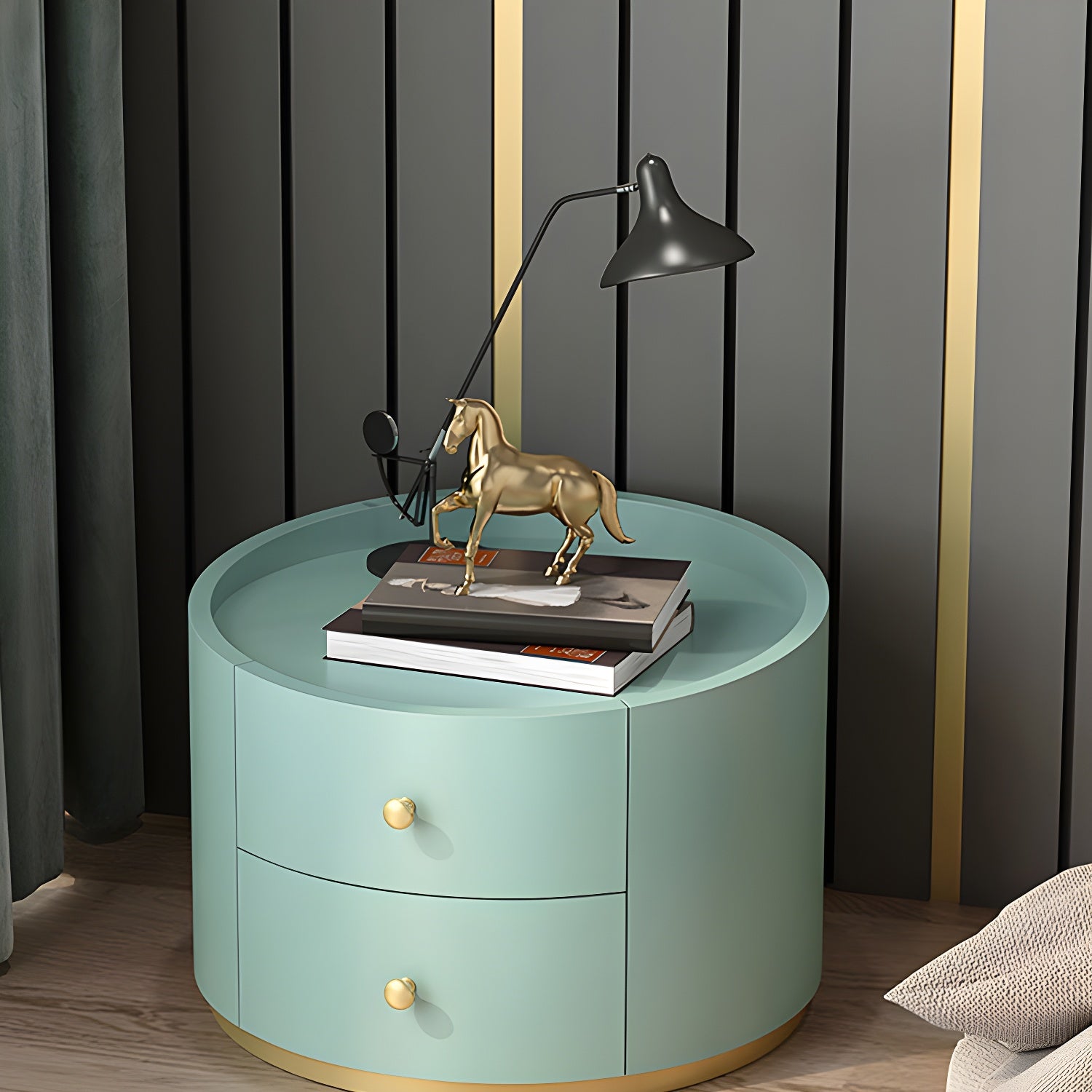 Table de chevet ronde Glam en bois manufacturé à 2 tiroirs