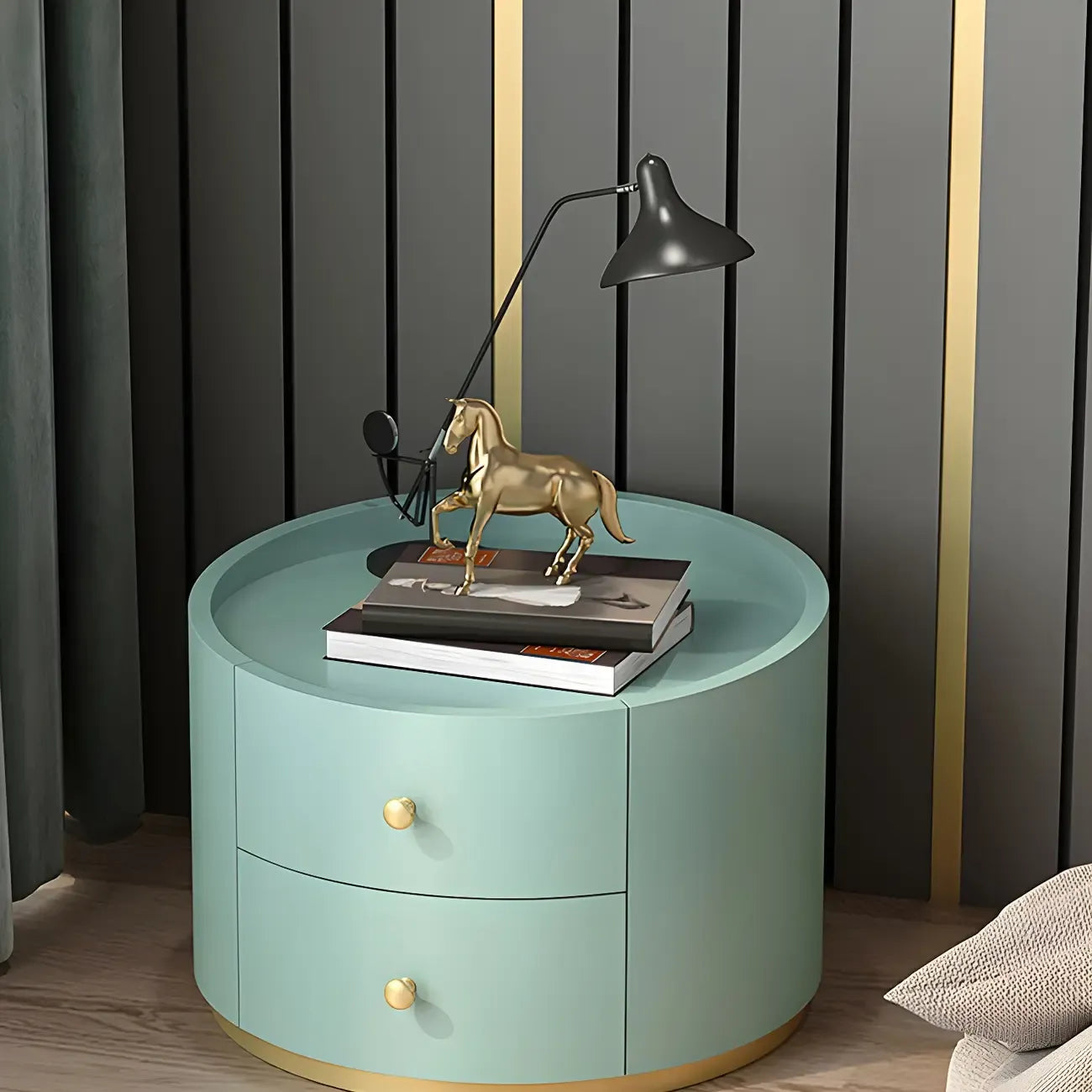 Table de chevet ronde Glam en bois manufacturé à 2 tiroirs