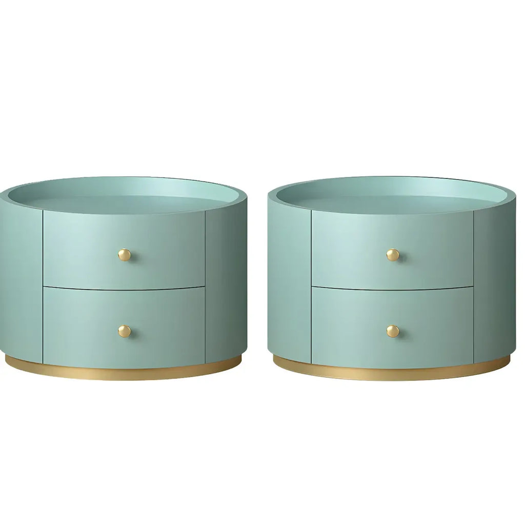 Table de chevet ronde Glam en bois manufacturé à 2 tiroirs