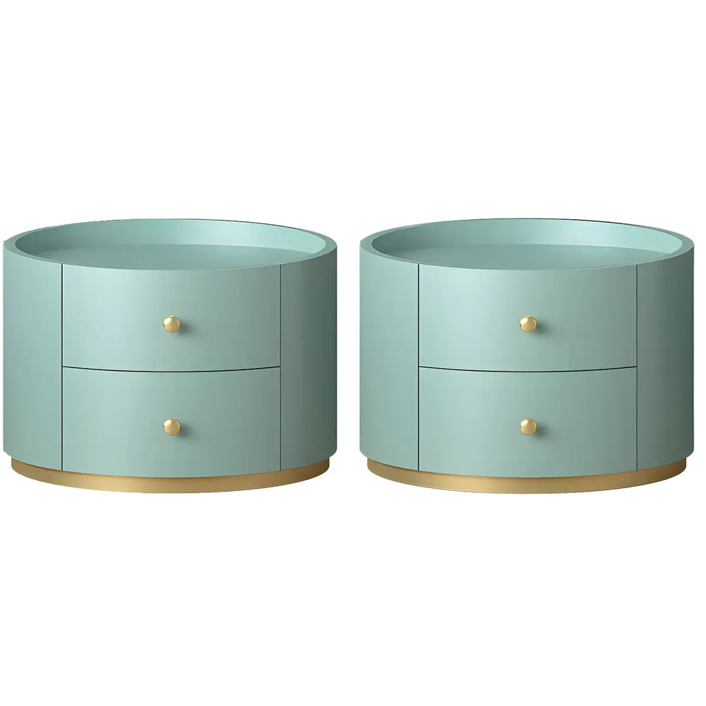 Table de chevet ronde Glam en bois manufacturé à 2 tiroirs