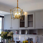 Lampadario a gabbia di vetro quadrata dorata, regolabile, per cucina