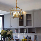 Lampadario a gabbia di vetro quadrata dorata, regolabile, per cucina
