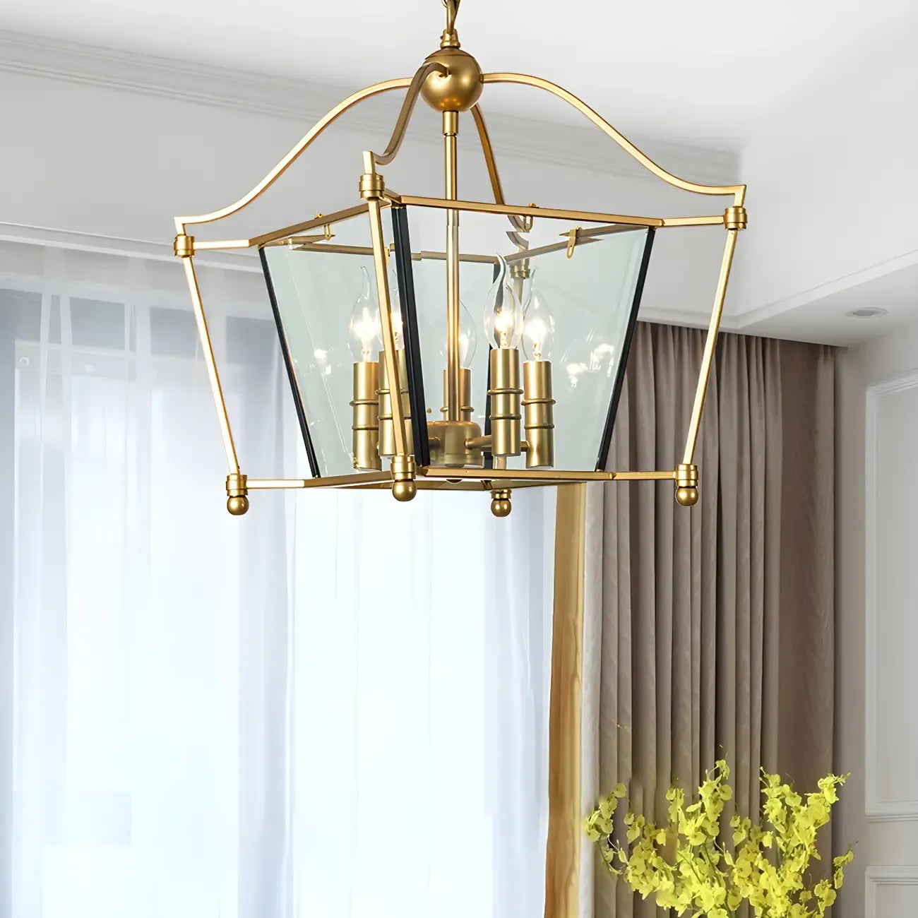 Lampadario a gabbia di vetro quadrata dorata, regolabile, per cucina