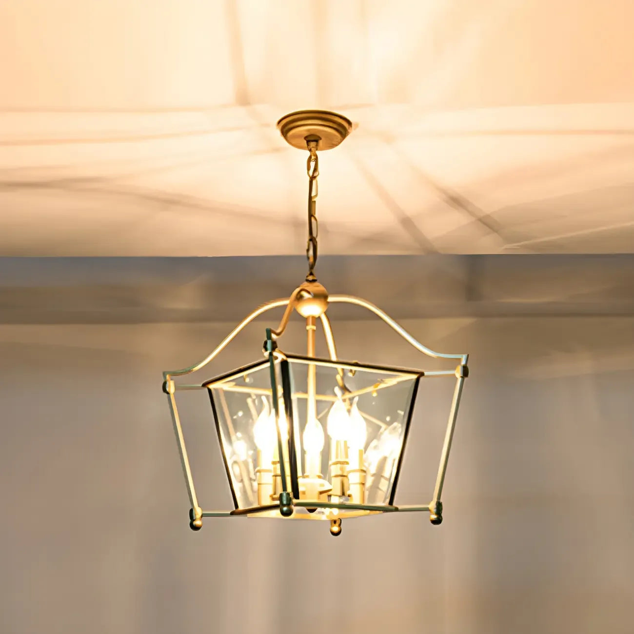 Lampadario a gabbia di vetro quadrata dorata, regolabile, per cucina