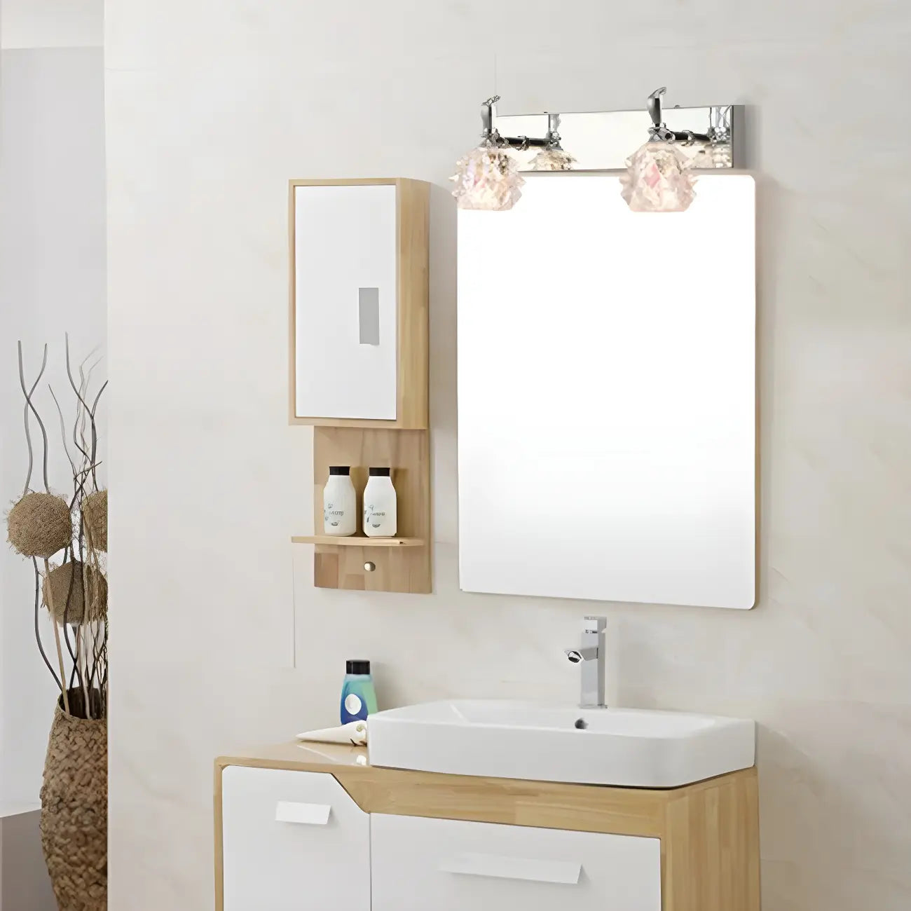 Applique murale classique chromée avec abat-jour en verre et miroir réglable pour salle de bain