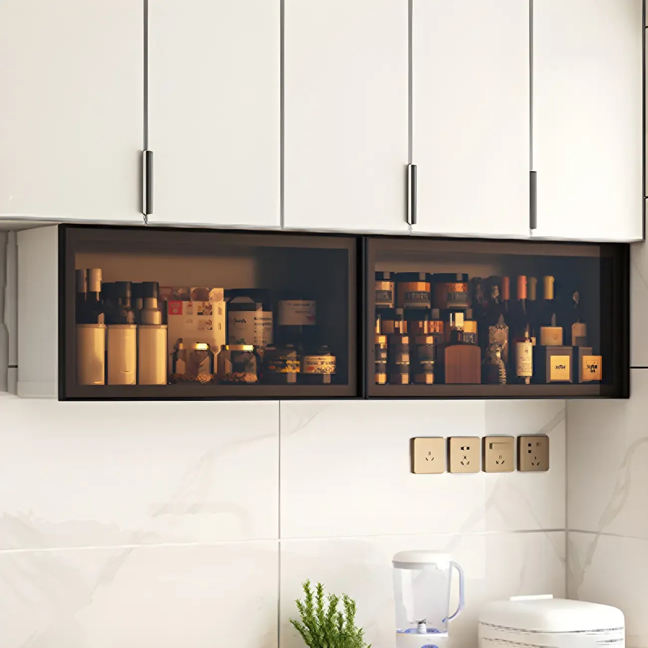 Vitrine de cuisine suspendue en métal gris et verre