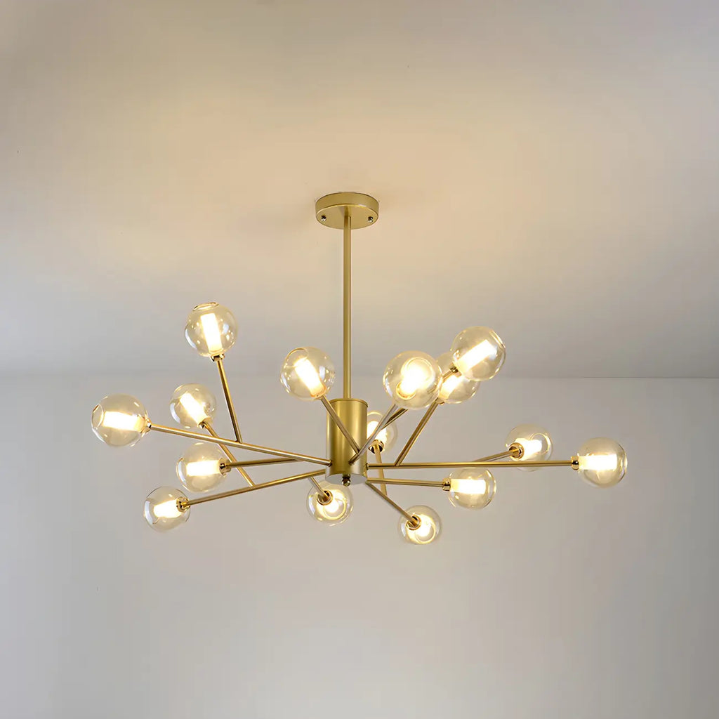 Lustre Sputnik moderne en métal doré et globe en verre