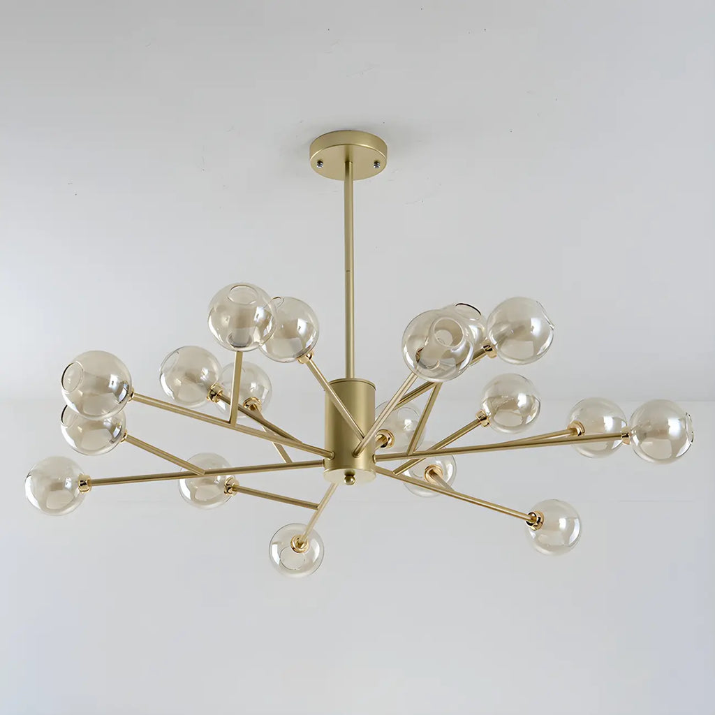 Lustre Sputnik moderne en métal doré et globe en verre