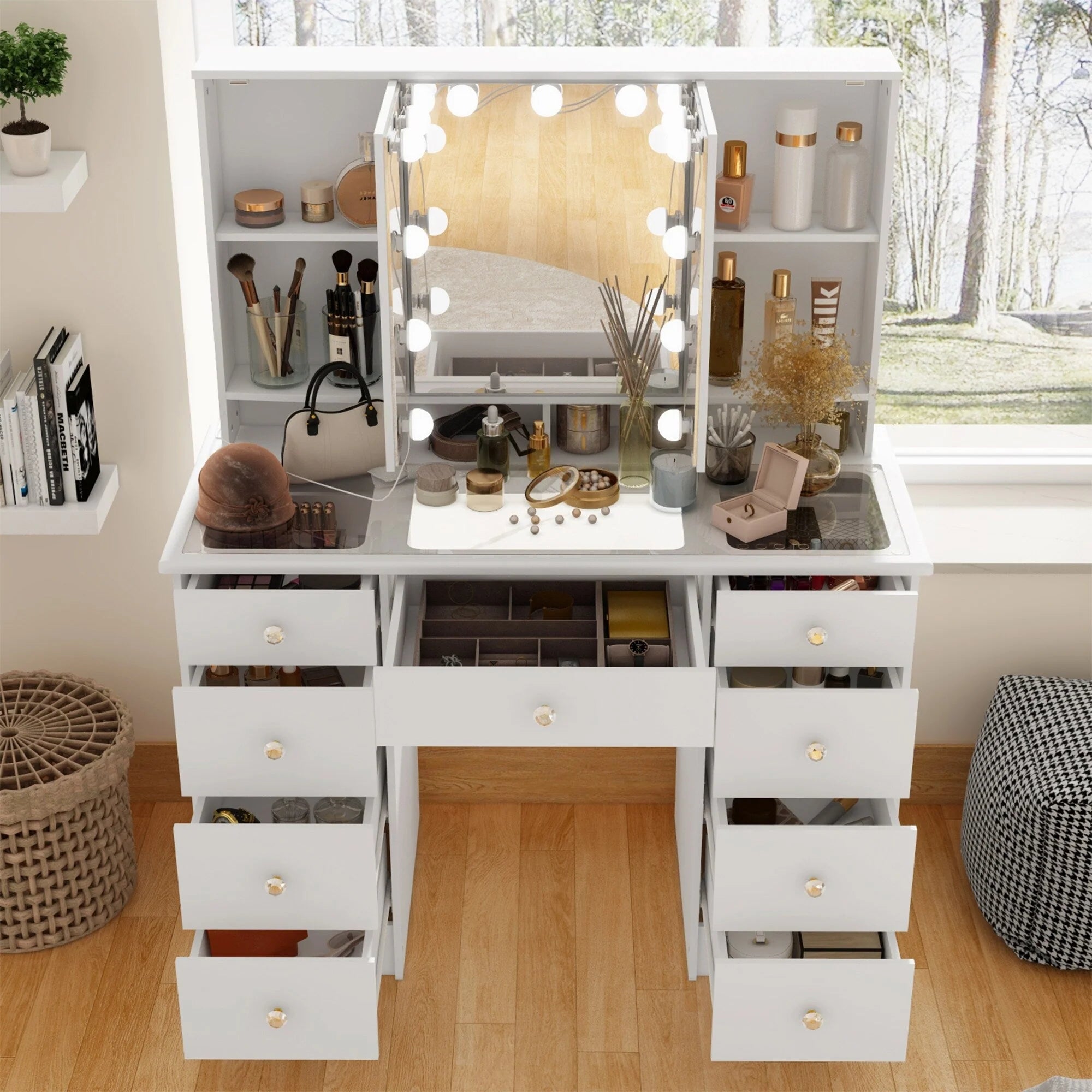 Coiffeuse avec miroir à trois volets, éclairage certifié, plateau en verre