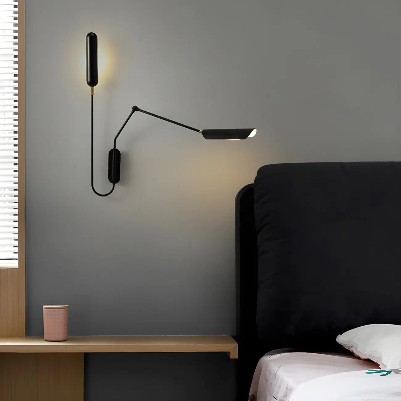 Applique murale moderne en métal noir à 2 lumières avec bras articulé