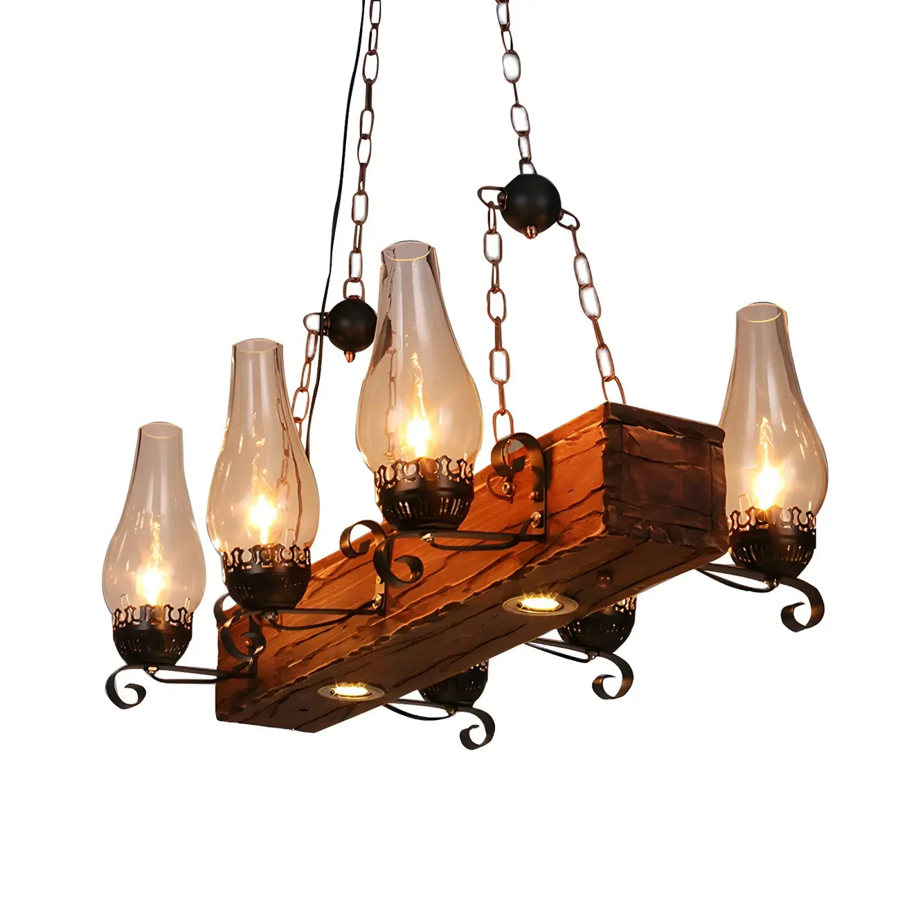 Lustre rectangulaire industriel rustique en bois et verre vintage