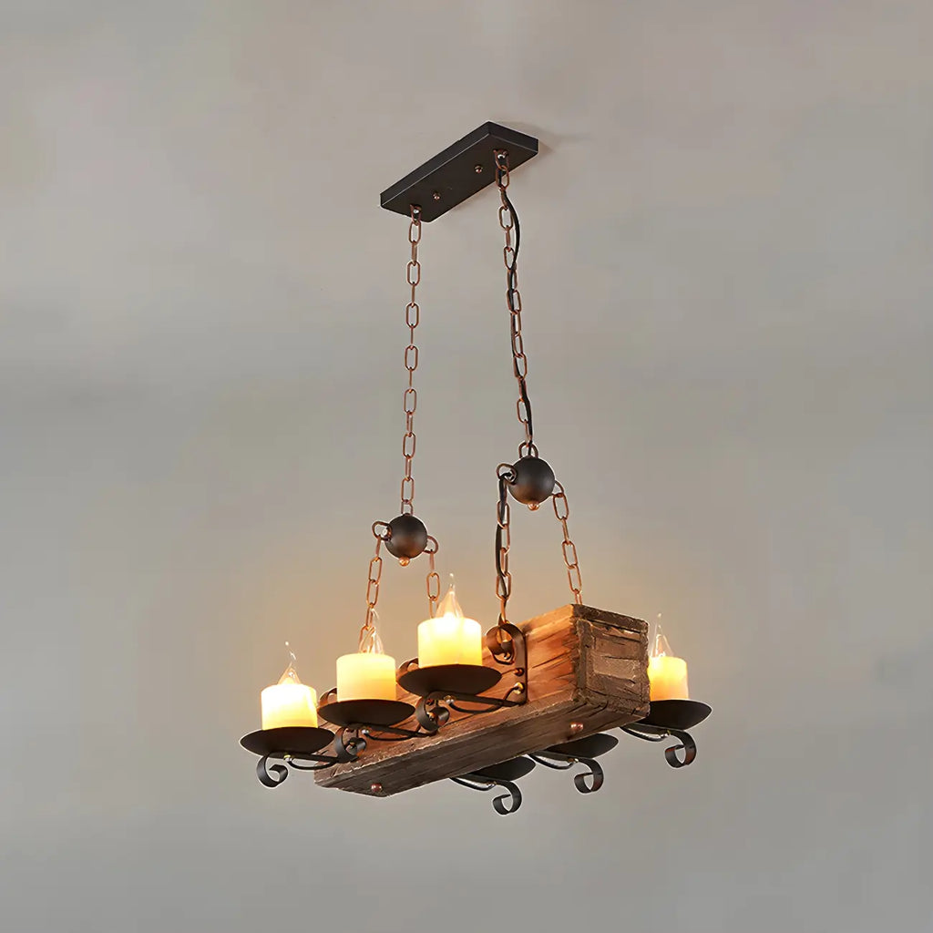 Lustre rectangulaire industriel rustique en bois et verre vintage