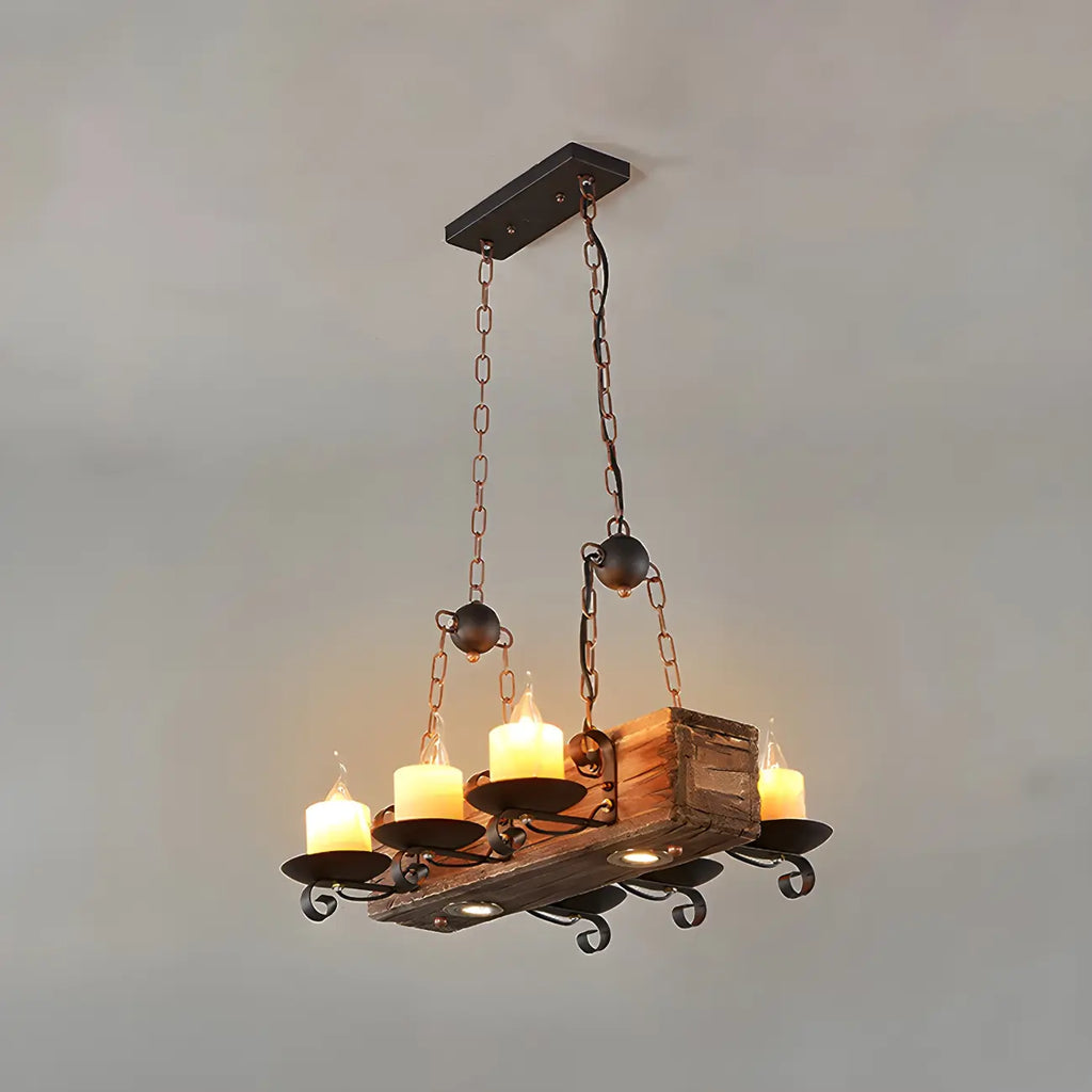 Lustre rectangulaire industriel rustique en bois et verre vintage