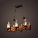 Lustre rectangulaire industriel rustique en bois et verre vintage