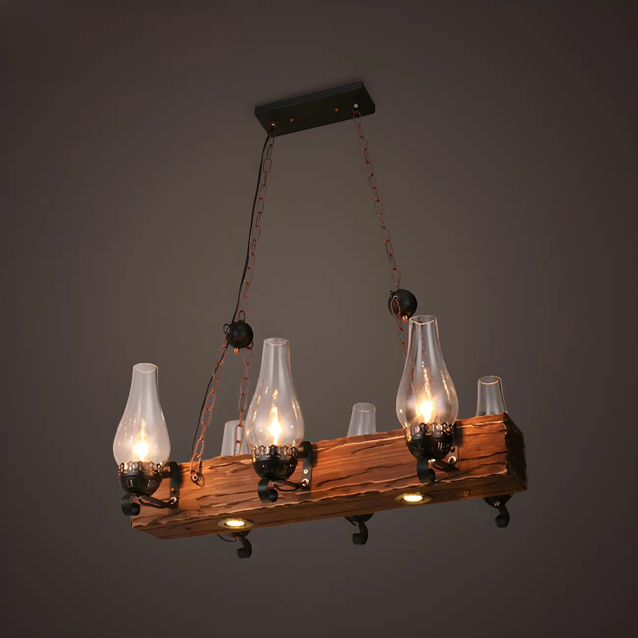 Lustre rectangulaire industriel rustique en bois et verre vintage