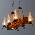 Lustre rectangulaire industriel rustique en bois et verre vintage