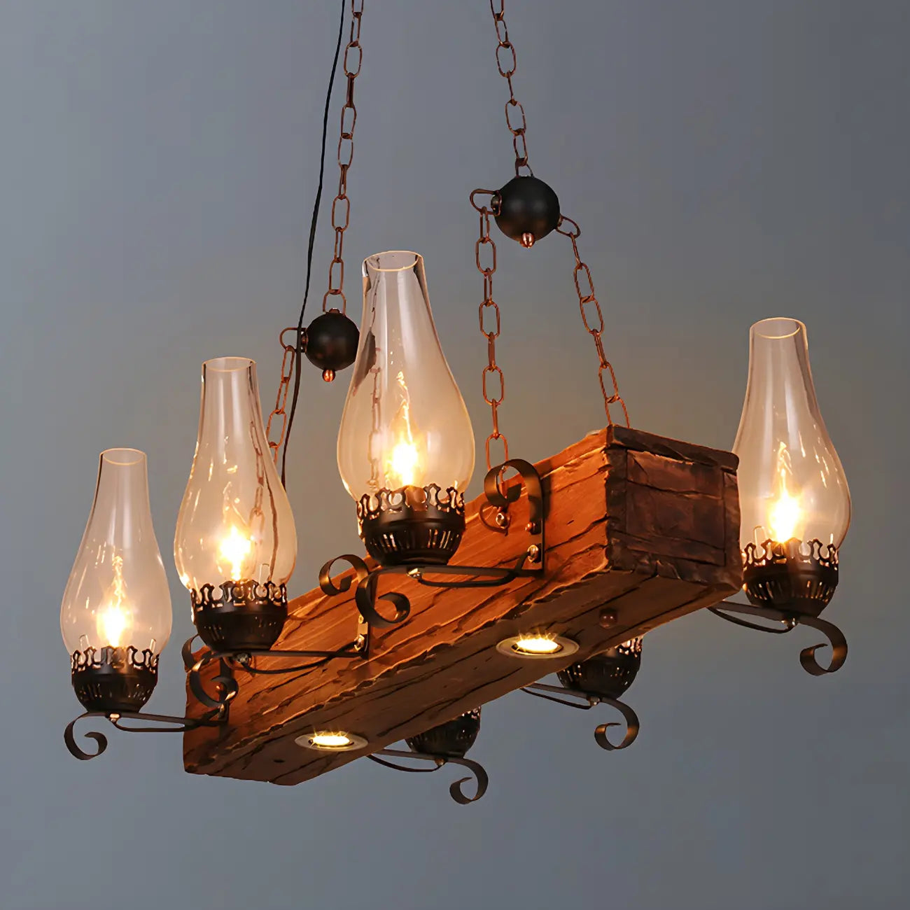 Lustre rectangulaire industriel rustique en bois et verre vintage