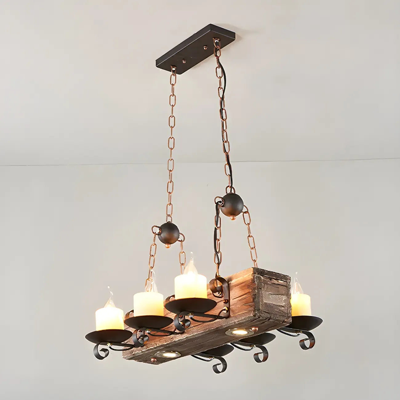 Lustre rectangulaire industriel rustique en bois et verre vintage