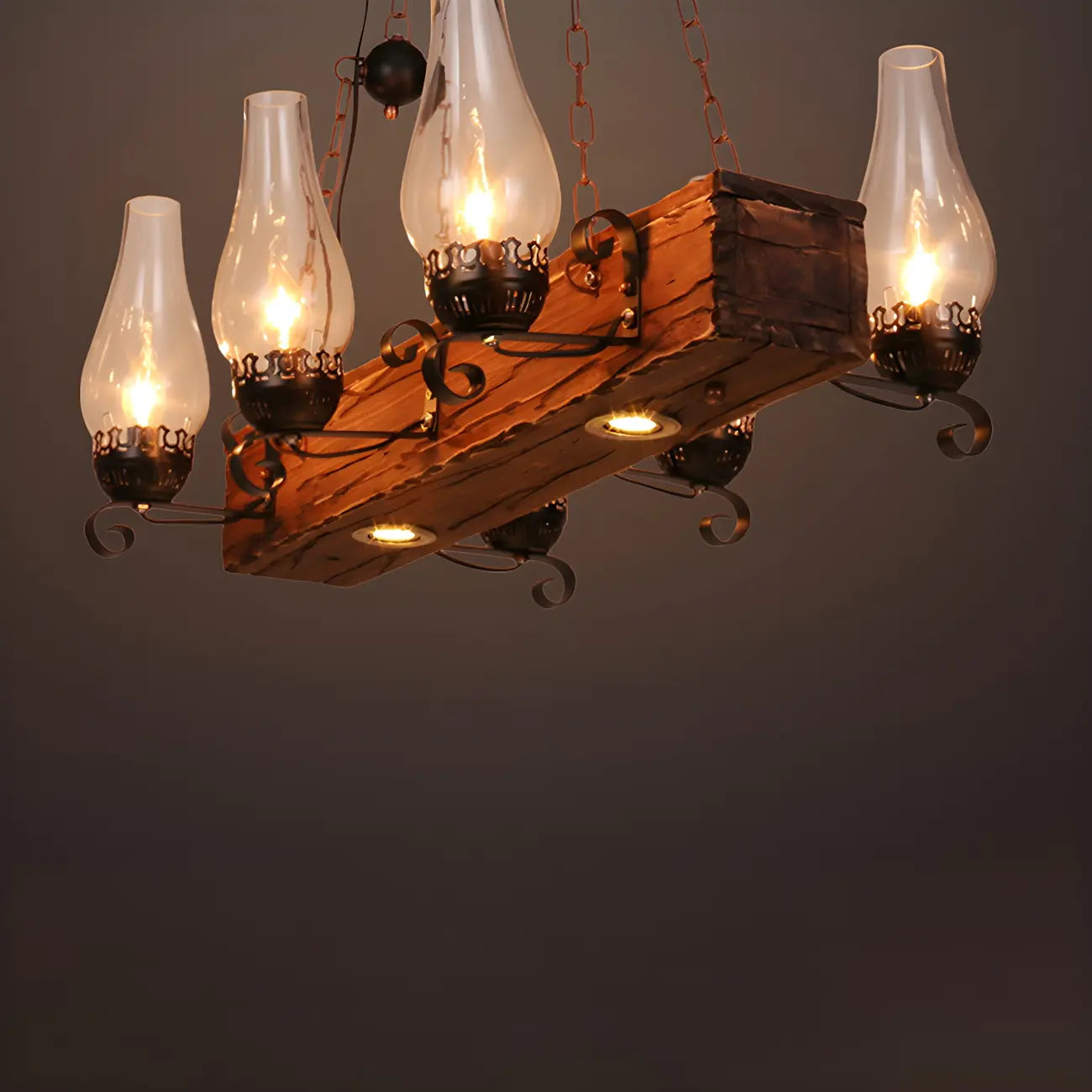 Lustre rectangulaire industriel rustique en bois et verre vintage