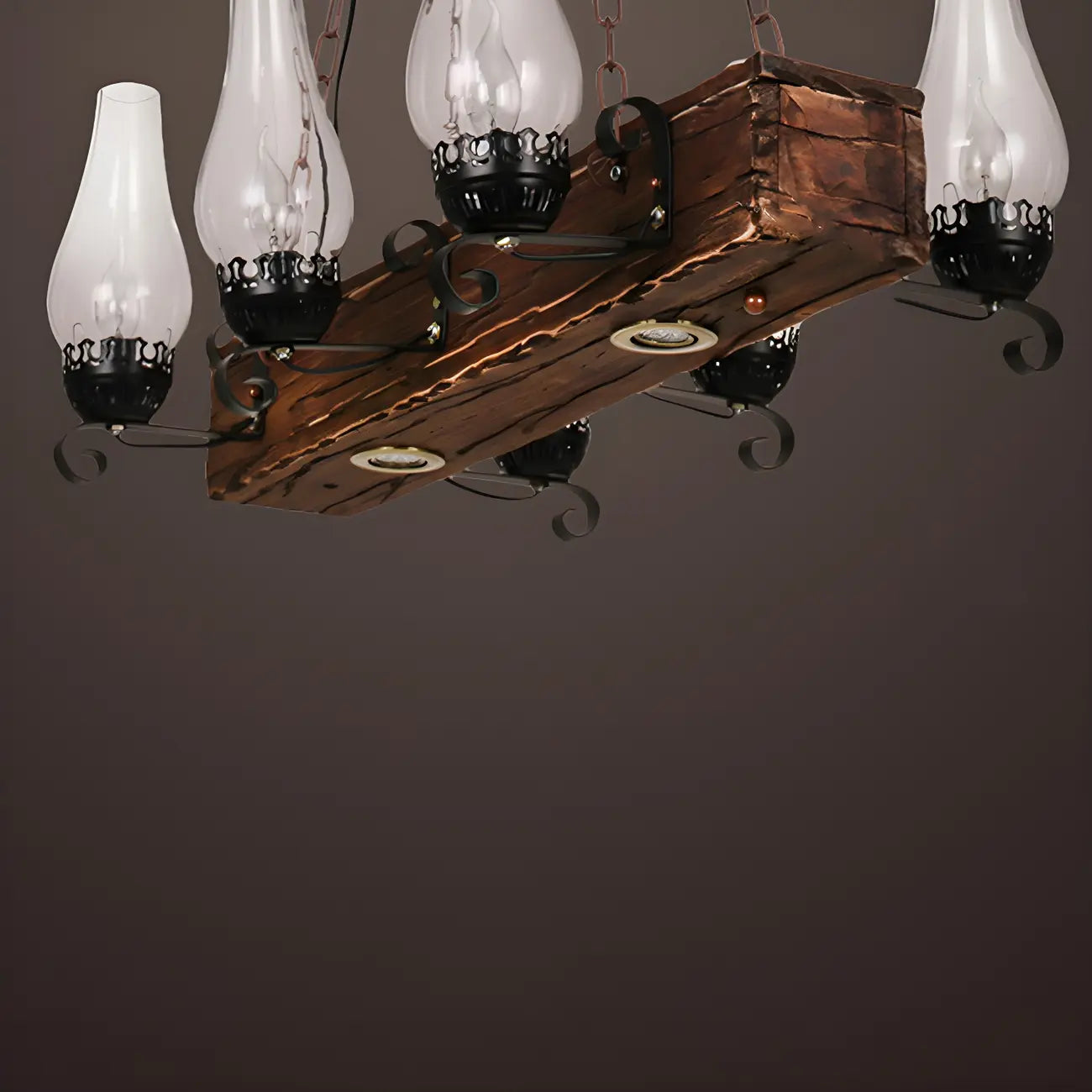 Lustre rectangulaire industriel rustique en bois et verre vintage