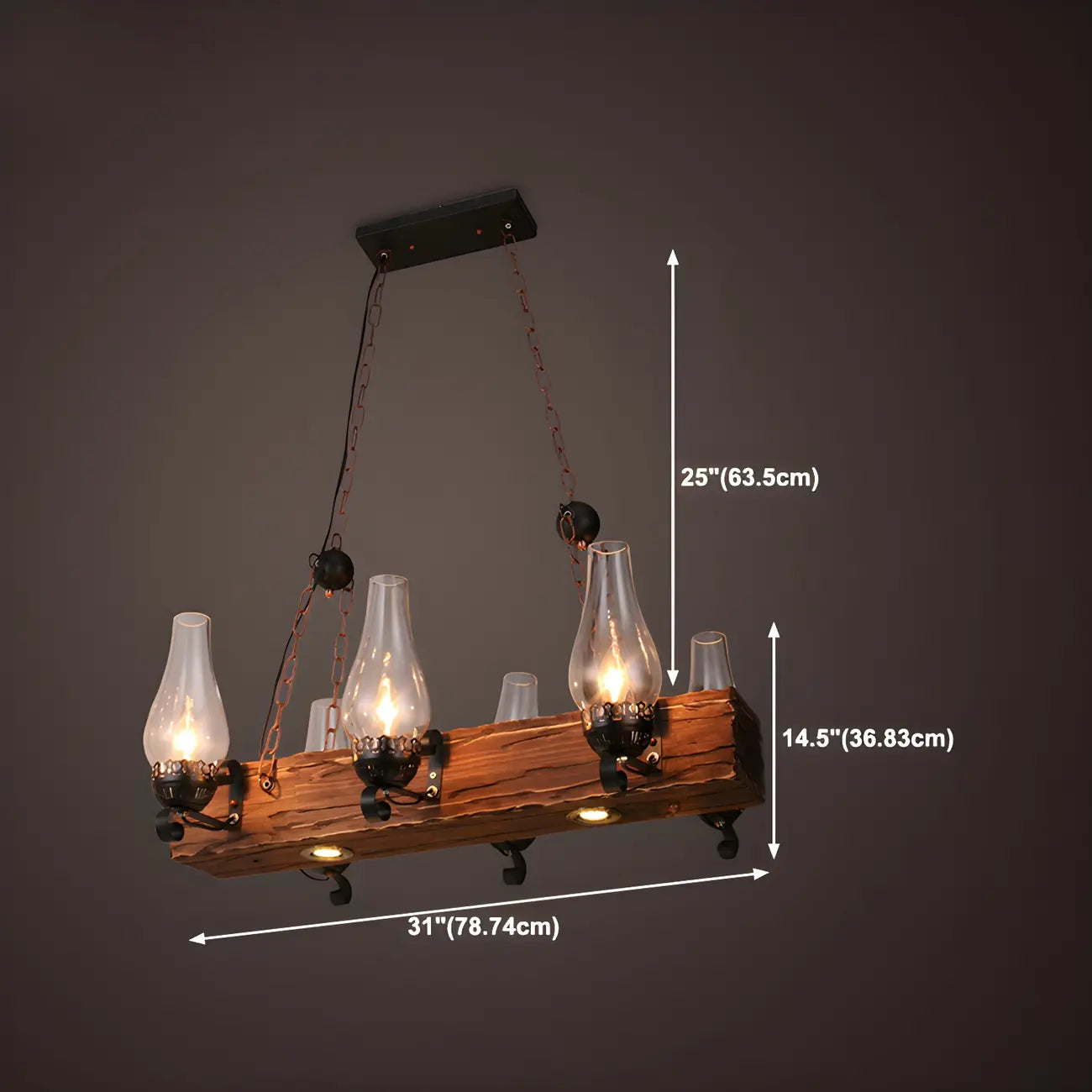 Lustre rectangulaire industriel rustique en bois et verre vintage